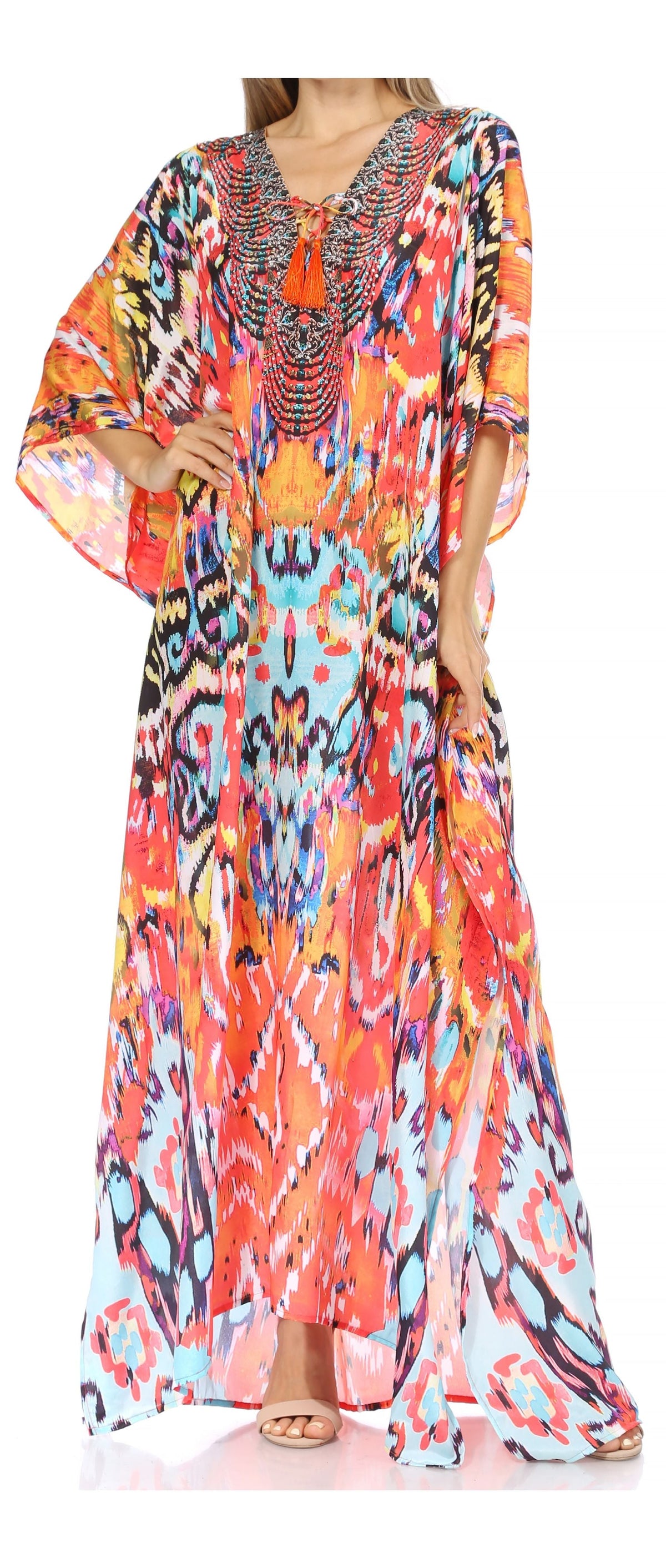 Sakkas Georgettina Flowy Rhinestone V Neck Long Caftan Dress/Cover Up