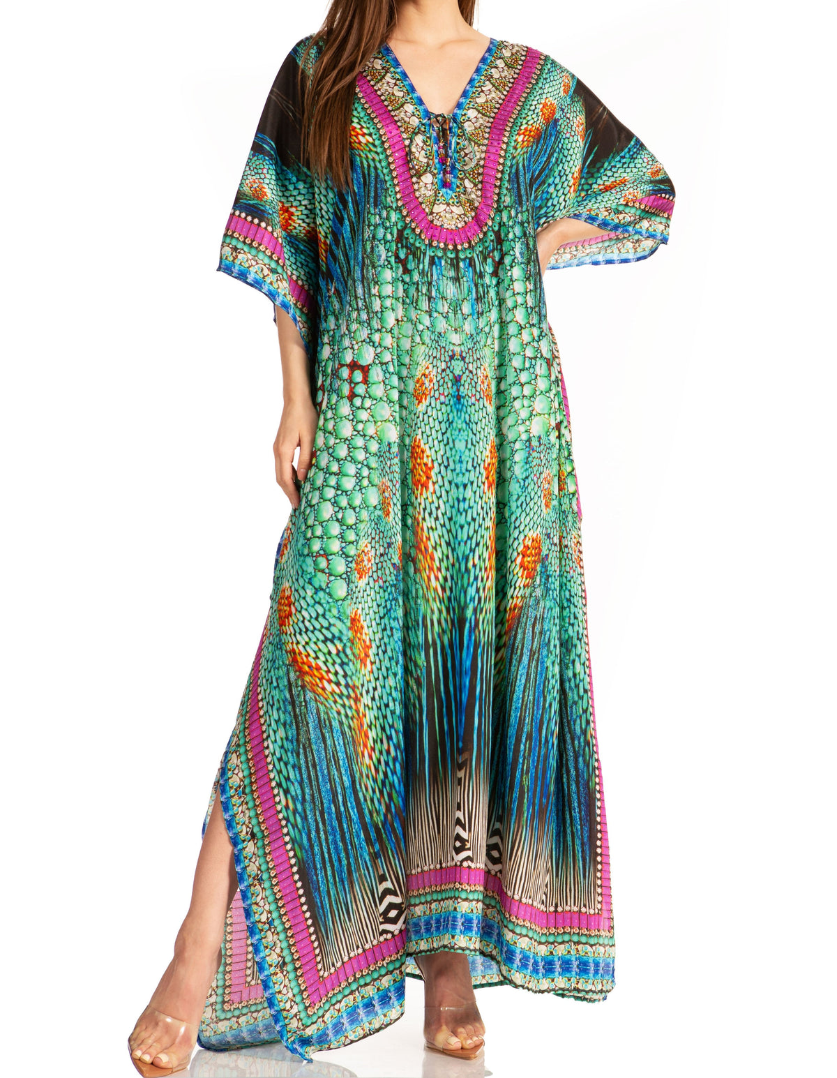 Sakkas Georgettina Flowy Rhinestone V Neck Long Caftan Dress/Cover Up
