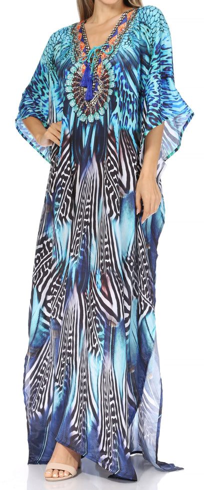 Sakkas Georgettina Flowy Rhinestone V Neck Long Caftan Dress/Cover Up
